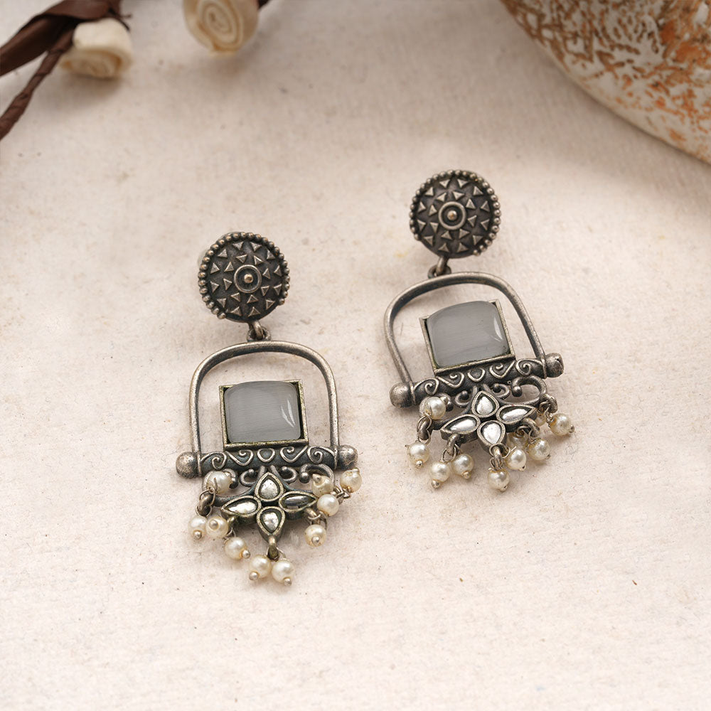 Meherab- Silver Brass Oxidised Stone-Studded Dngler Earrings (Grey)