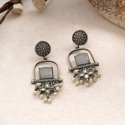 Meherab- Silver Brass Oxidised Stone-Studded Dngler Earrings (Grey)