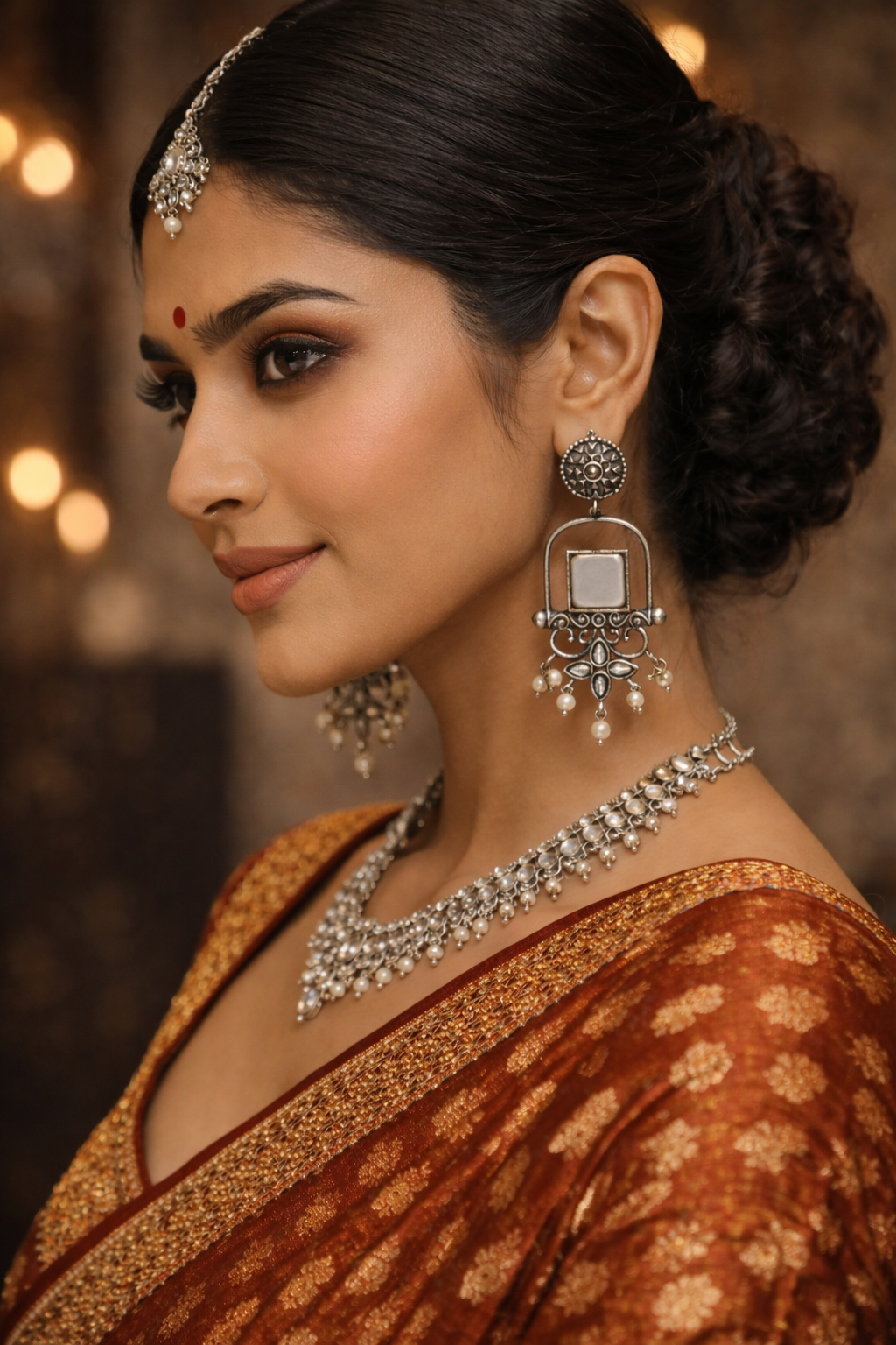 Meherab- Silver Brass Oxidised Stone-Studded Dngler Earrings (Grey)