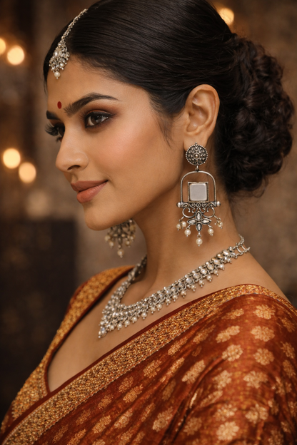 Meherab- Silver Brass Oxidised Stone-Studded Dngler Earrings (Grey)