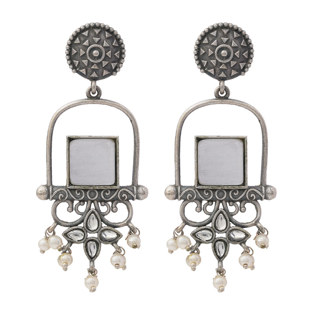 Meherab- Silver Brass Oxidised Stone-Studded Dngler Earrings (Grey)