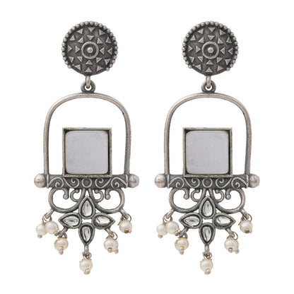 Meherab- Silver Brass Oxidised Stone-Studded Dngler Earrings (Grey)