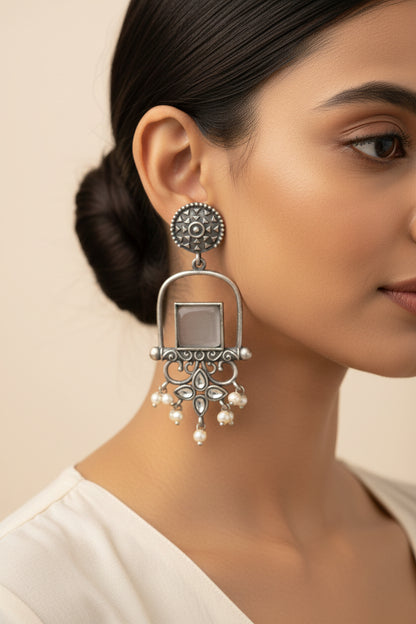 Meherab- Silver Brass Oxidised Stone-Studded Dngler Earrings (Grey)
