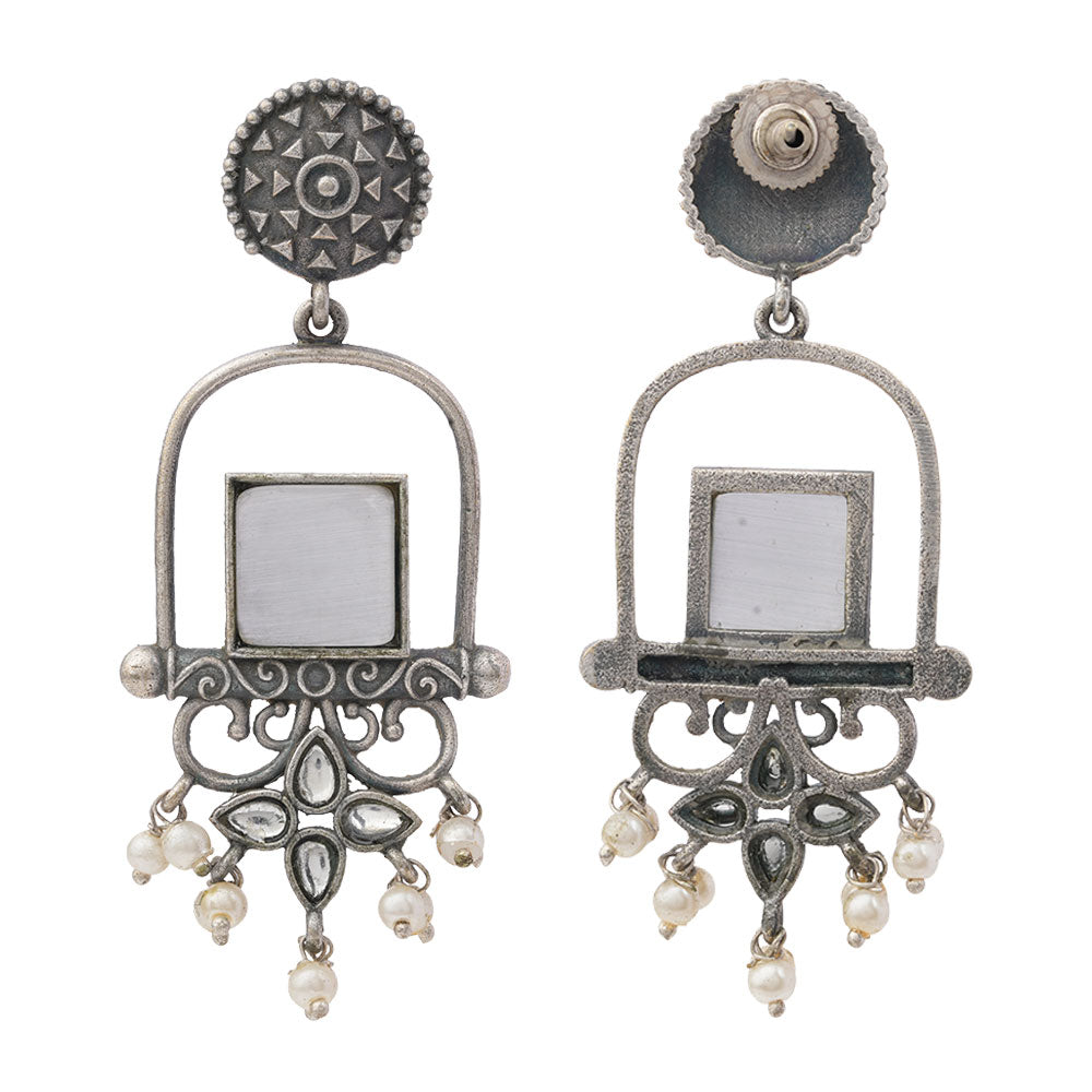 Meherab- Silver Brass Oxidised Stone-Studded Dngler Earrings (Grey)