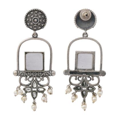 Meherab- Silver Brass Oxidised Stone-Studded Dngler Earrings (Grey)