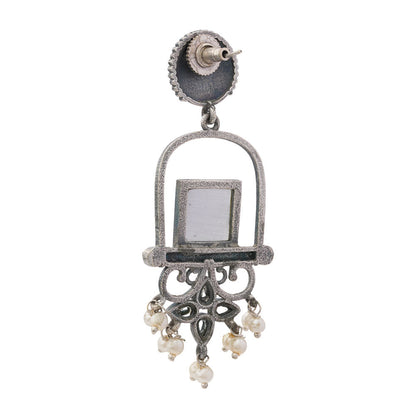 Meherab- Silver Brass Oxidised Stone-Studded Dngler Earrings (Grey)