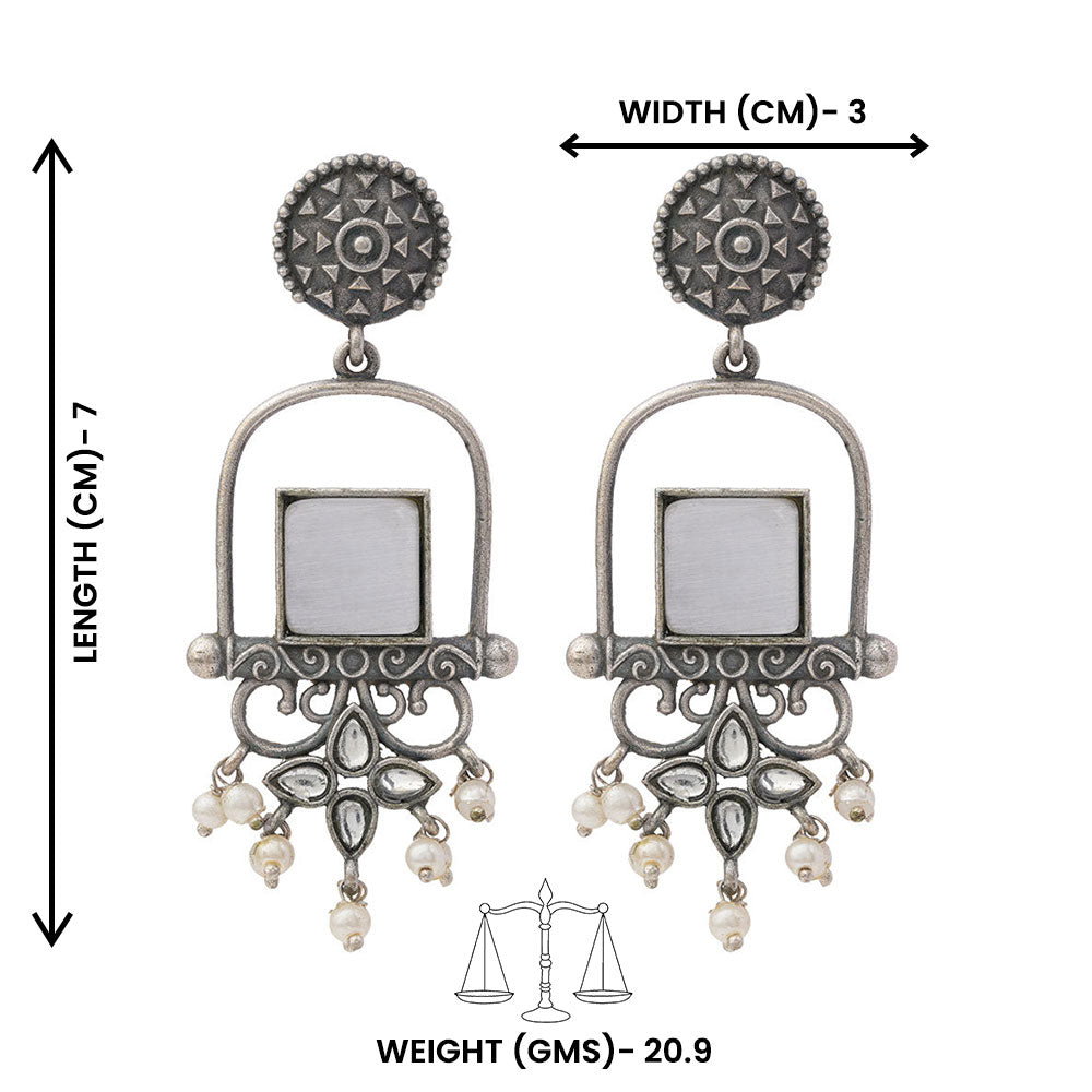 Meherab- Silver Brass Oxidised Stone-Studded Dngler Earrings (Grey)