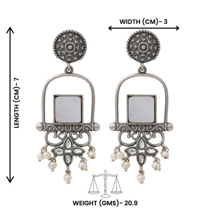 Meherab- Silver Brass Oxidised Stone-Studded Dngler Earrings (Grey)