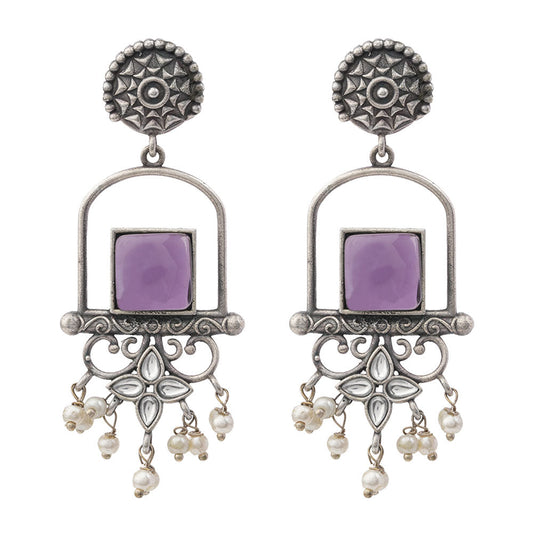 Meherab- Silver Brass Oxidised Stone-Studded Dngler Earrings (Purple)