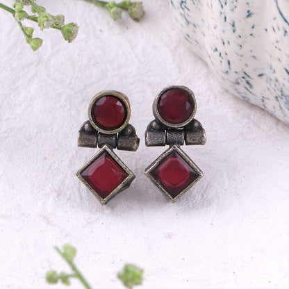 Laal Heera - Silver Brass Stone-Studded Stud Earrings(Red)