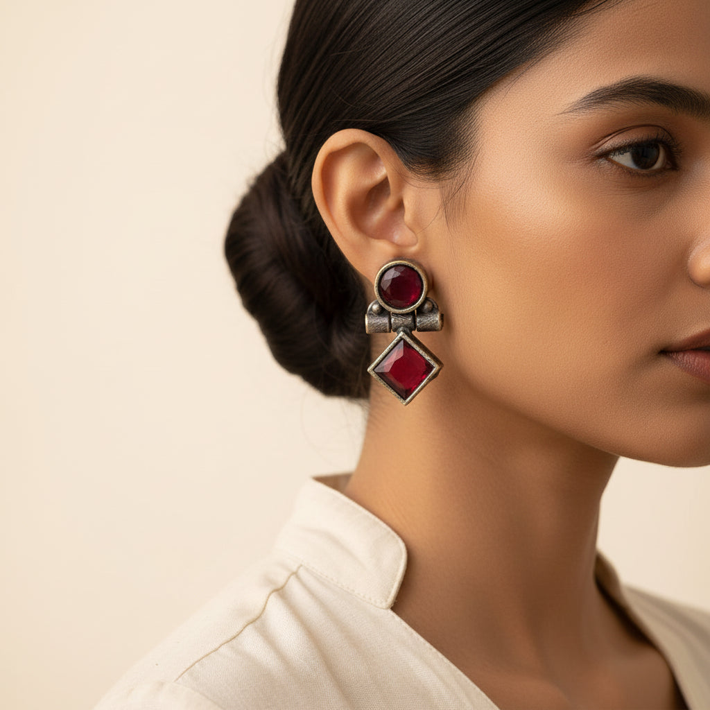 Laal Heera - Silver Brass Stone-Studded Stud Earrings(Red)