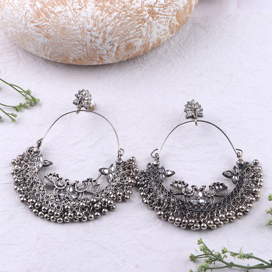 Rajsi - Silver Brass Oxidised Chandbali earrings (White)