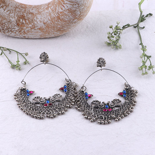 Rajsi - Silver Brass Oxidised Chandbali earrings (Multicolored)