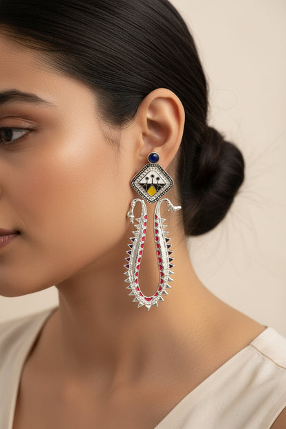 Lavanya - Silver Brass Oxidised Stud Dangler Earrings