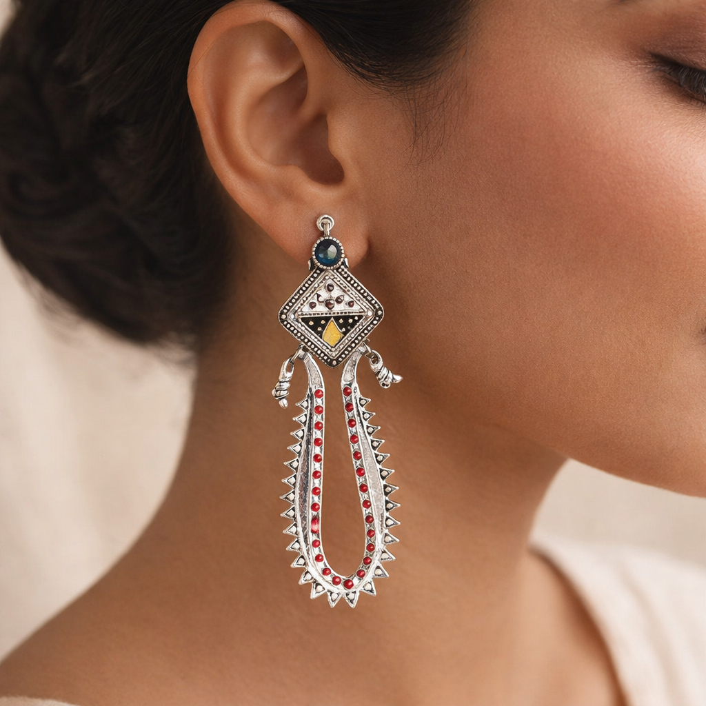 Lavanya - Silver Brass Oxidised Stud Dangler Earrings