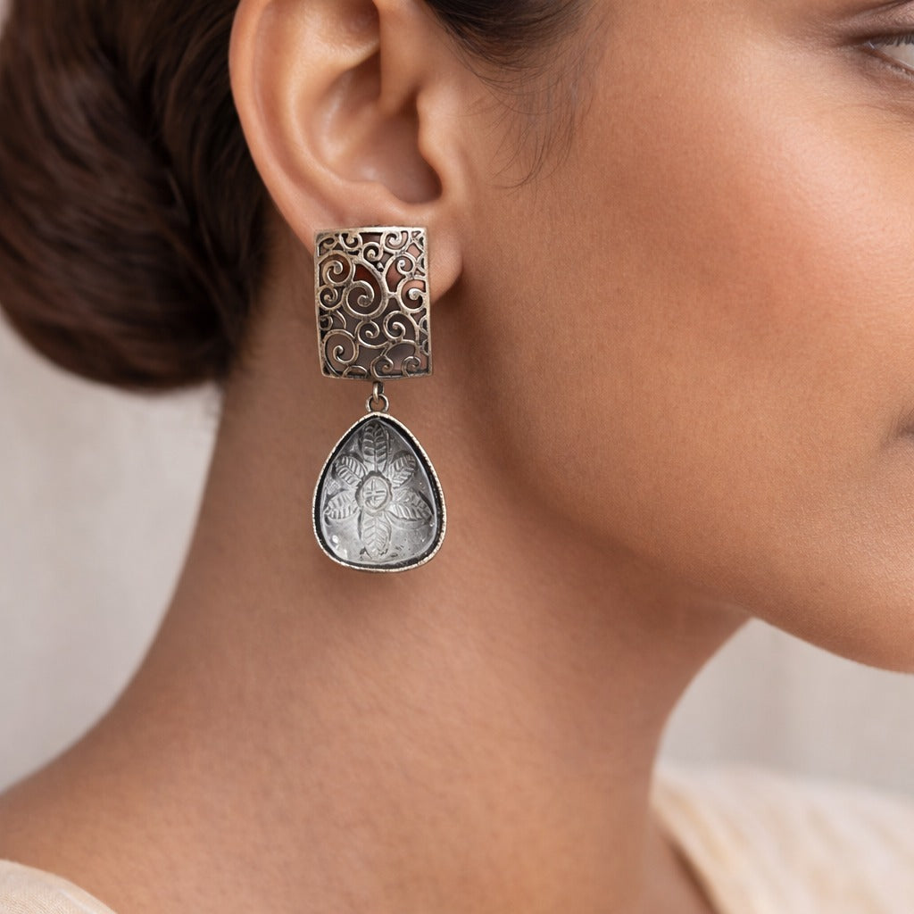 Kiyaa- Stone studded dangler earrings(White)