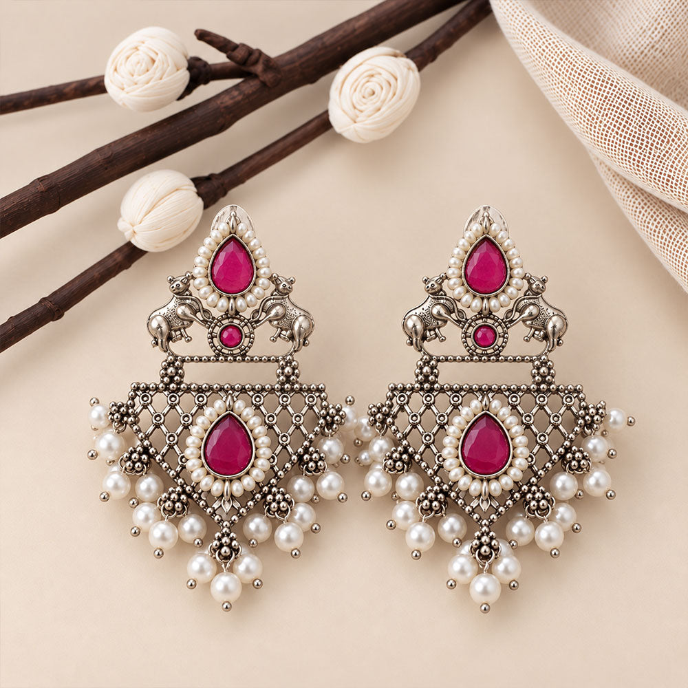 GajRatna – Silver Brass Dangler Earrings - Red