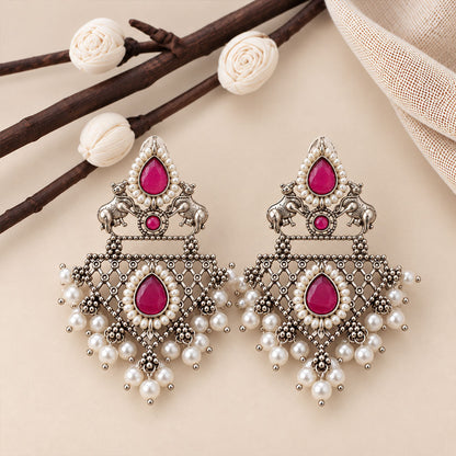 GajRatna – Silver Brass Dangler Earrings - Red