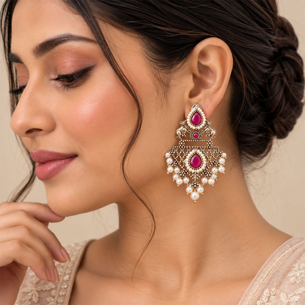 GajRatna – Silver Brass Dangler Earrings - Red