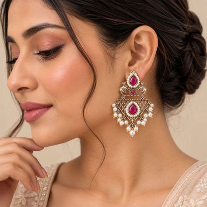 GajRatna – Silver Brass Dangler Earrings - Red