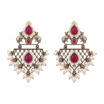 GajRatna – Silver Brass Dangler Earrings - Red