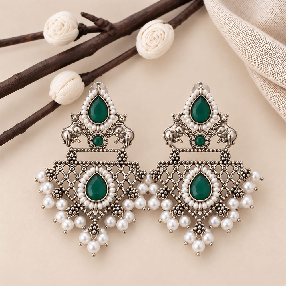 GajRatna – Silver Brass Dangler Earrings - Green