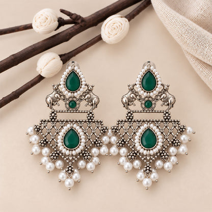 GajRatna – Silver Brass Dangler Earrings - Green