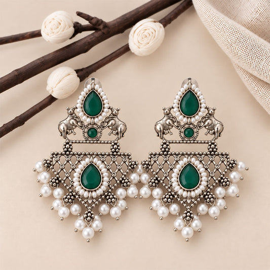 GajRatna – Silver Brass Dangler Earrings - Green