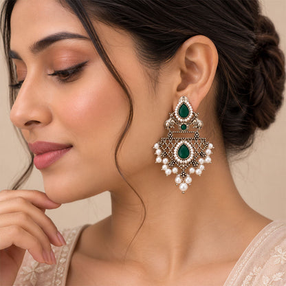 GajRatna – Silver Brass Dangler Earrings - Green