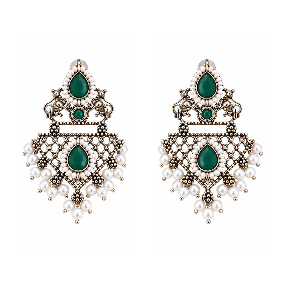 GajRatna – Silver Brass Dangler Earrings - Green