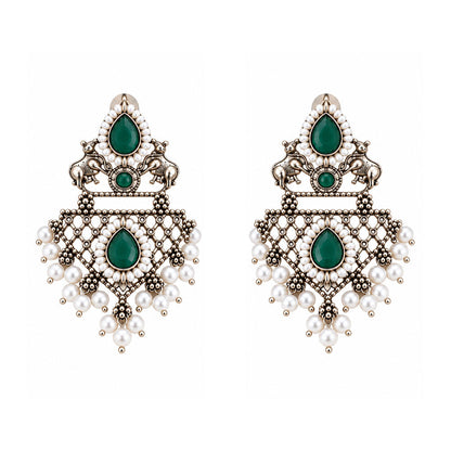 GajRatna – Silver Brass Dangler Earrings - Green