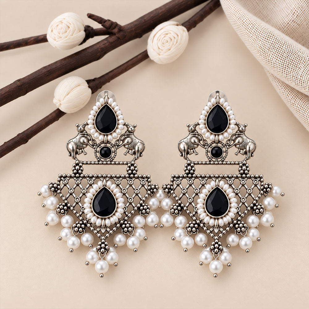GajRatna – Silver Brass Dangler Earrings - Black
