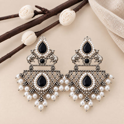 GajRatna – Silver Brass Dangler Earrings - Black