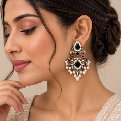 GajRatna – Silver Brass Dangler Earrings - Black