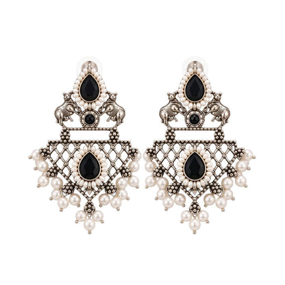 GajRatna – Silver Brass Dangler Earrings - Black
