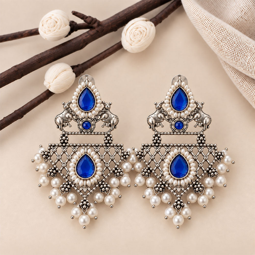 GajRatna – Silver Brass Dangler Earrings - Blue