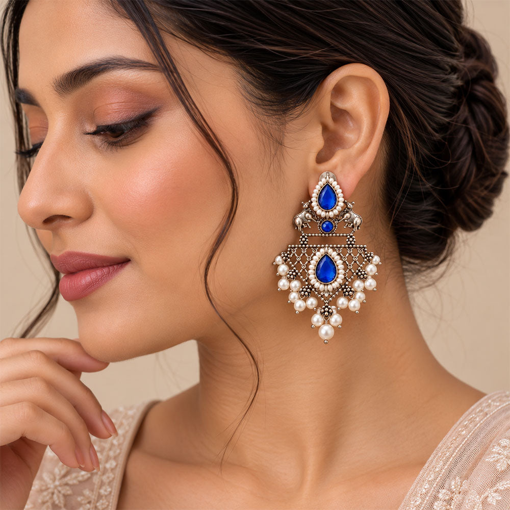 GajRatna – Silver Brass Dangler Earrings - Blue