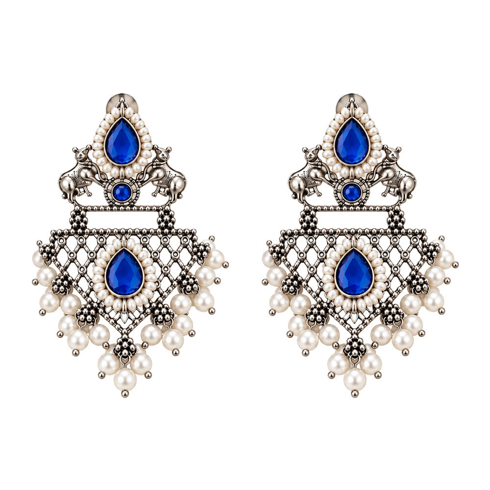 GajRatna – Silver Brass Dangler Earrings - Blue