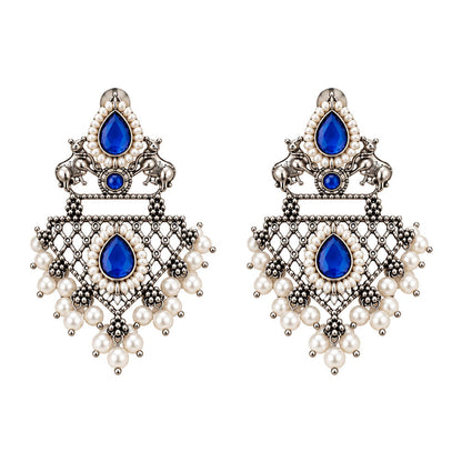 GajRatna – Silver Brass Dangler Earrings - Blue