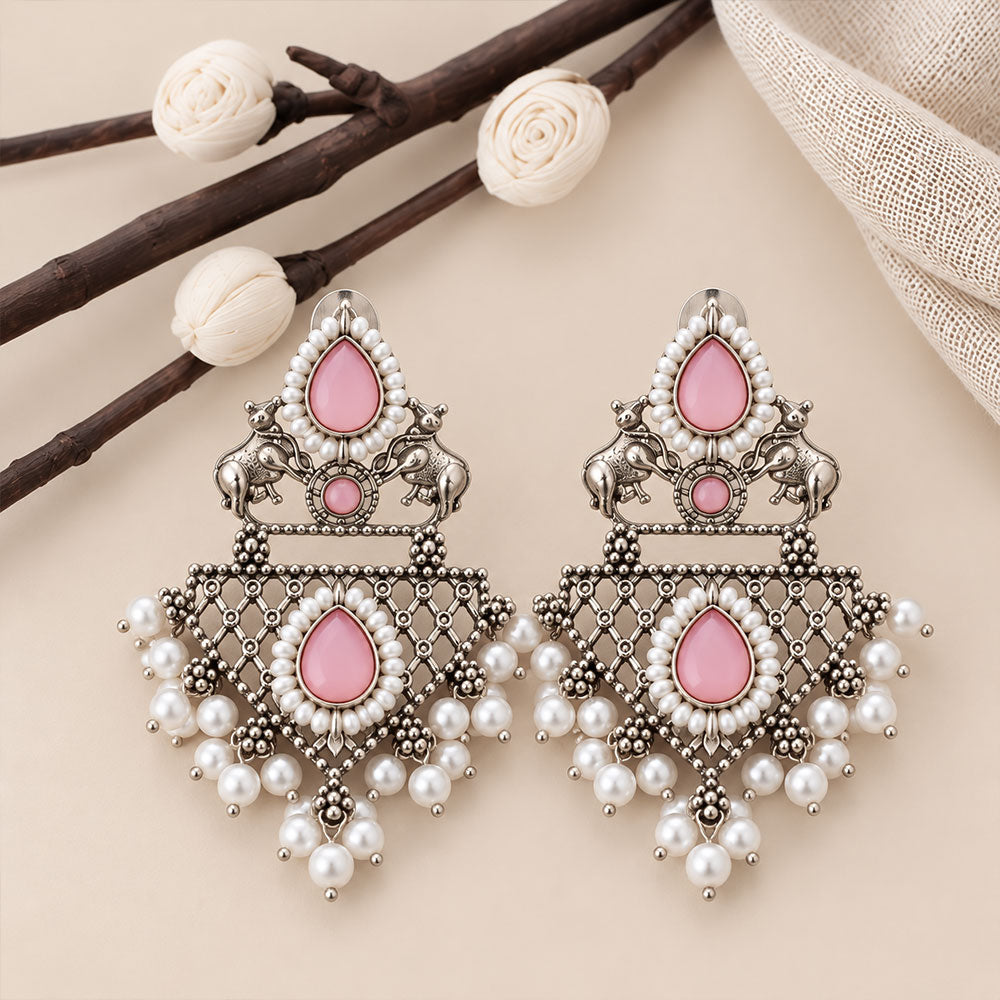 GajRatna – Silver Brass Dangler Earrings - Pink