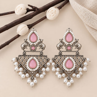 GajRatna – Silver Brass Dangler Earrings - Pink