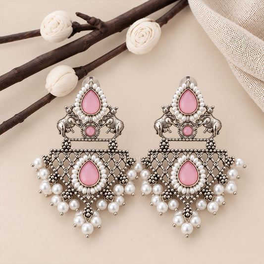 GajRatna – Silver Brass Dangler Earrings - Pink