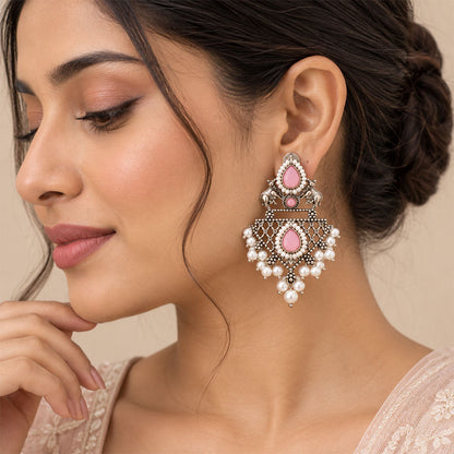 GajRatna – Silver Brass Dangler Earrings - Pink