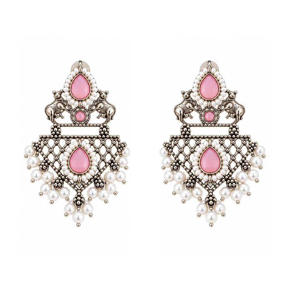 GajRatna – Silver Brass Dangler Earrings - Pink