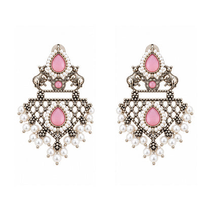 GajRatna – Silver Brass Dangler Earrings - Pink