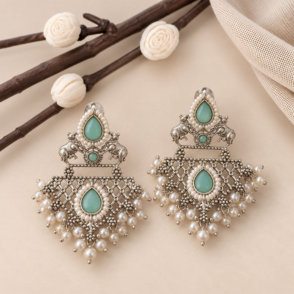 GajRatna – Silver Brass Dangler Earrings - Mint
