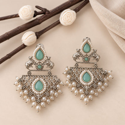 GajRatna – Silver Brass Dangler Earrings - Mint