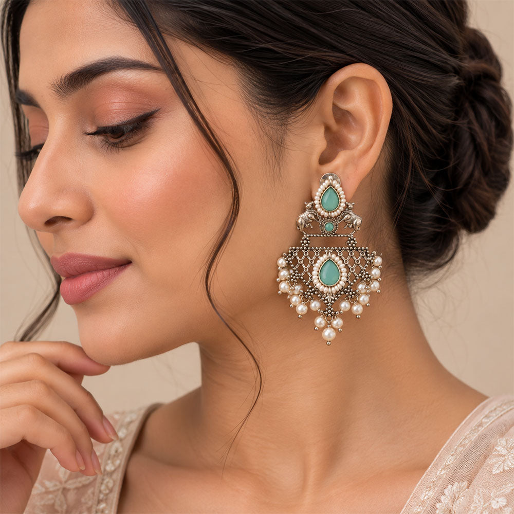 GajRatna – Silver Brass Dangler Earrings - Mint