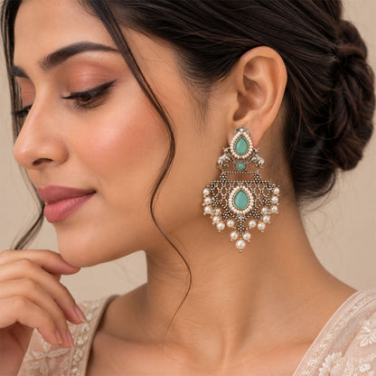 GajRatna – Silver Brass Dangler Earrings - Mint