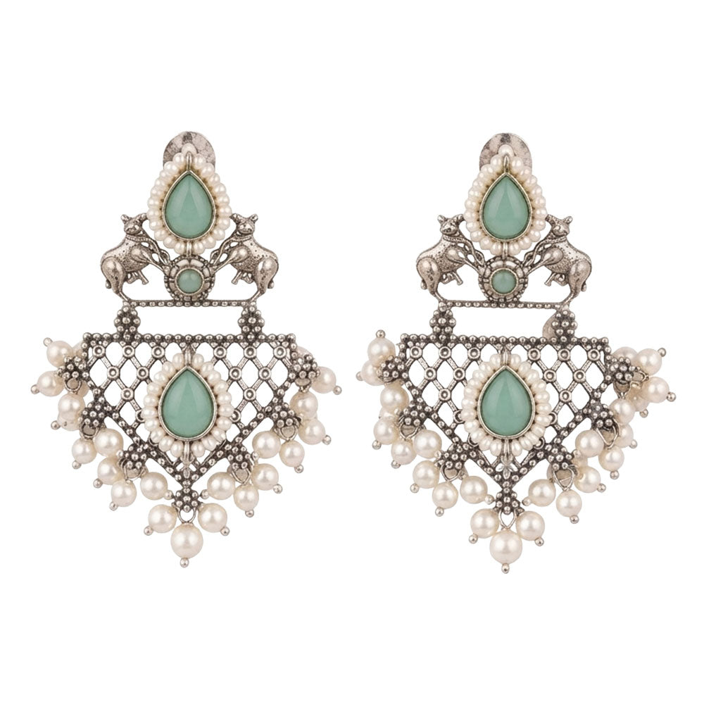 GajRatna – Silver Brass Dangler Earrings - Mint